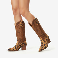 Tuhoomall Fashion Women’s Mid Calf Boots, Embroidered Leopard Pattern, Stylish Chunky Heel for Parties