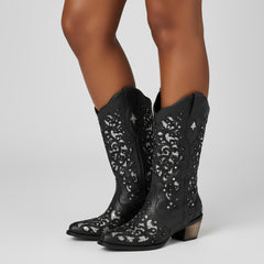 Tuhoomall Cowboy Boots for Women Western Square Toe Mid Calf White Cowgirl Boots Rhinestone Chunky Wedding