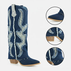 Tuhoomall Western Cowboy Boots for Women - Comfortable Rhinestone Foldable Design for Casual, Outdoor, or Party Wear Tuhoomall