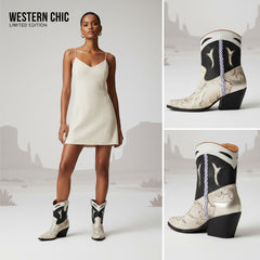 Tuhoomall Floral Ankle Cowboy Boots for Women, Low Chunky Heel 2.75 in, Elegant Vegan Leather, Perfect for Casual and Formal Occasions