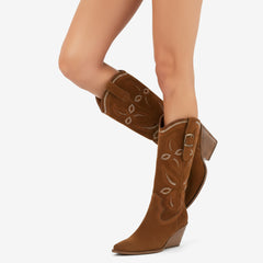 Tuhoomall Western Style Floral Embroidered Mid-Calf Boots for Women | Casual Outdoor Fashion with Sturdy Rubber Sole