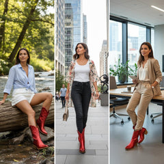 Tuhoomall Comfortable Western Ankle Boots for Fashion, Travel, and Leisure - Embroidered Genuine Leather, 5.5cm Chunky Heel, Slip-On Design