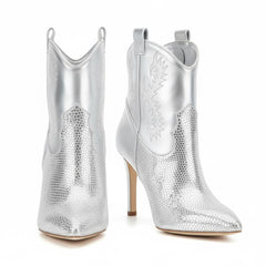 Tuhoomall Western Rhinestone Stiletto Ankle Boots, 3.54in High Heel, Slip-On Fashion for Parties and Casual Outings