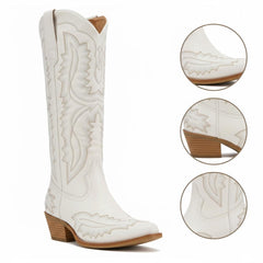 Tuhoomall Western Knee-High Cowgirl Boots with Chunky Heel and Floral Embroidery for Outdoor Fashion and Casual Wear