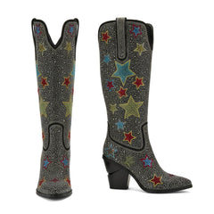 Tuhoomall Comfortable Low Heeled Suede Ankle Boots with Rhinestones for Parties and Performances