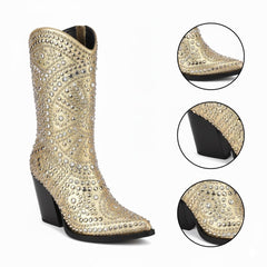 Tuhoomall Western Style Chunky Heel Boots for Women, 10cm Faux Suede with Rivet and Rhinestone Accents, Easy Zipper Closure for Parties and Performances