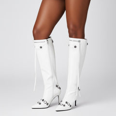 Tuhoomall Comfortable Knee-High Fashion Boots with Zip and Studded Design, 10cm High Heel for Parties, Weddings, and Everyday Stylish Looks