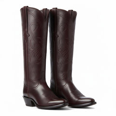 Tuhoomall Western Style Knee-High Boots, Embroidered Vegan Leather, 5.5cm Chunky Heel, Fashion Casual for All Seasons