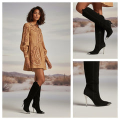 Tuhoomall Stylish High Heel Ankle Boots with Zipper, 10cm Stiletto, Rubber Sole, Metallic Shine, Denim Finish for Fashion, Casual, Office