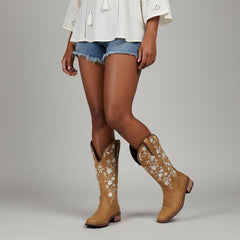 Tuhoomall Comfortable Western Boots for Women - Floral Embroidered Design, Slip-On Style, Outdoor Fashion - Perfect for Everyday Wear