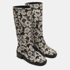 Tuhoomall Fashionable Low Heel Mid Calf Embroidered Boots for Casual, Parties, and Formal Events 4-5cm Heels