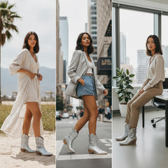 Tuhoomall Metallic Cowboy Ankle Boot with Chunky Block Heel, Pointed Toe, Embroidered Design for Casual Fashion Use, Vegan Leather, All Seasons