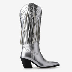 Tuhoomall Western Fringe Pointed Toe Calf Boots with Rubber Sole, Trendy Star Pattern, Perfect for Parties and Travel