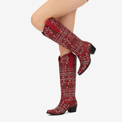 Tuhoomall Comfortable Knee-High Western Boots for Parties and Performances with Rhinestones and Floral Patterns, 5.7cm Chunky Heel, All-Season Fashion