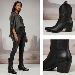 Tuhoomall Comfortable Western Ankle Boots for Fashion, Travel, and Leisure - Embroidered Genuine Leather, 5.5cm Chunky Heel, Slip-On Design