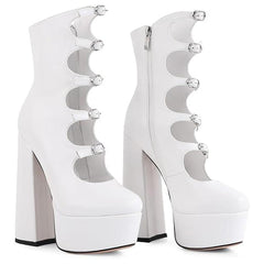 Tuhoomall Gothic High Ankle Boots for Parties and Performances, Thick Sole with Adjustable Strap, Durable Leather, 15.5cm Chunky Heels