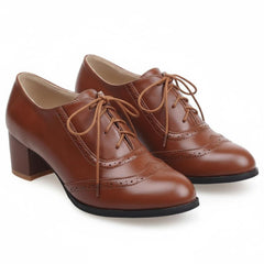 Tuhoomall Comfortable Vintage Style High Heel Dress Shoes for Office and Leisure Wear with Lace-Up Closure and Classic Round Toe Design