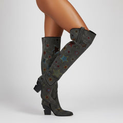 Tuhoomall Western Rhinestone Over-The-Knee Boots for Women, 9.5 cm Irregular Heels, Sparkling Slip-On Stylish Casual Footwear