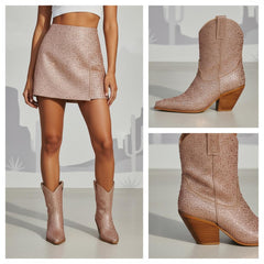 Tuhoomall Rhinestone Embellished Ankle Boots for Women, Chunky Heel 6.5 cm, Slip-On Pointed Toe Short Booties for Parties and Weddings