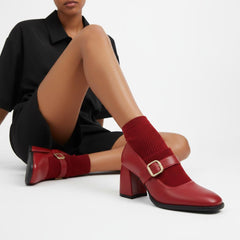 Tuhoomall Mary Jane High Heel Loafers for Women, 7.5 cm Chunky Heel, All-Season Fashion, Pure Leather, Comfortable Slip-On Design