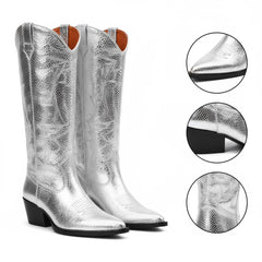 Tuhoomall Metallic Silver Western Mid Calf Boots With Stitched Detailing For Fashion, Travel, And Parties - Comfortable 2.36" Heel