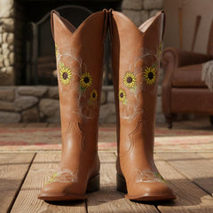 Tuhoomall Comfortable Floral Embroidered Chunky Heel Mid Calf Cowboy Boots - Slip-On Design, 3.8cm Heel for All Seasons Tuhoomall