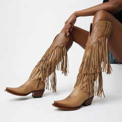 Tuhoomall Western Knee-High Cowboy Boots, Chunky Heel, Fringe & Studs, Retro Style, Casual Wear, All Seasons