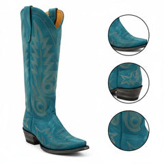 Tuhoomall Western Cowgirl Knee-High Boots, Chunky Heel, Embroidered Floral Design, Slip-On Style for Parties and Casual Outings
