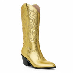 Tuhoomall Cow Pattern Western Boots for Women, Round Toe, Chunky 1.57in Heel, Casual Slip-On Mid-Calf Design, Stylish All-Season Footwear