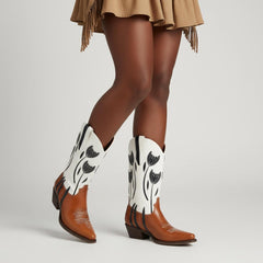 Tuhoomall Western Cowboy Boots for Women, Comfortable Floral Embroidered Mid-Calf Booties for Parties, Casual Wear and Events