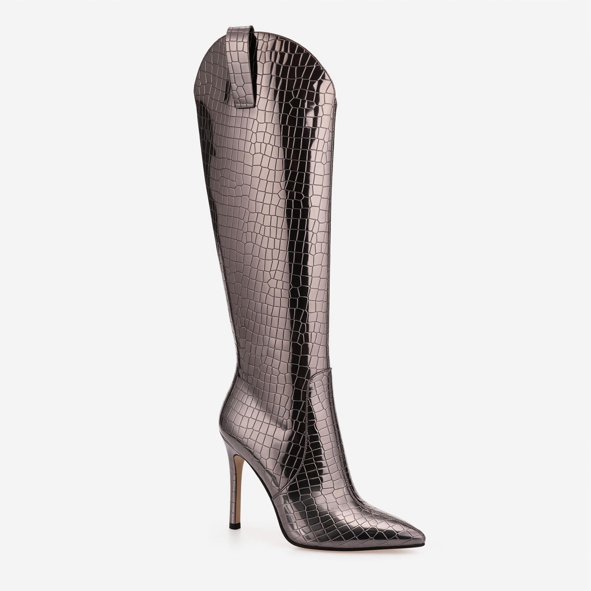 Tuhoomall Knee-High Fashion Boots for Parties and Performances with 10.7cm Metallic Glossy Stiletto Heels and Pointed Toe Design Tuhoomall