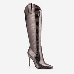 Tuhoomall Knee-High Fashion Boots for Parties and Performances with 10.7cm Metallic Glossy Stiletto Heels and Pointed Toe Design