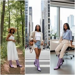 Tuhoomall Metallic Rhinestone Western Boots For Women - Pointed Toe, Block Heel, Fashion Statement For Parties, Made Of Vegan Leather And Embroidered Details