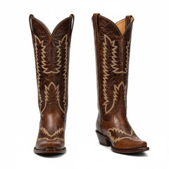 Tuhoomall Western Mid Calf Boots for Women, Retro Snip-Toe Chunky Heel, Embroidered Genuine Leather, Fashion Casual Footwear