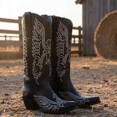 Tuhoomall Western Cowgirl Mid Calf Boots With Chunky Heel, Pointed Toe Slip-On Design, Rhinestone Pattern For Outdoor Events Tuhoomall