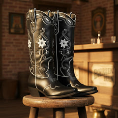 Tuhoomall Floral Embroidered Chunky Heel Ankle Boots for Women - Stylish Slip-On Comfortable Footwear for Travel and Casual Outings Tuhoomall