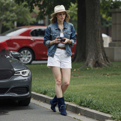 Tuhoomall Women's Short Denim Ankle Boots, Stylish Wedge Heel, Foldable Cuff, Perfect for Formal and Casual Events