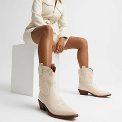 Tuhoomall Western Cowboy Ankle Boots for Women, Vegan Leather, Chunky 2" Heel, Snip Toe Design, Stylish Star Appliqué, All-Season Fashion