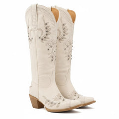Tuhoomall Western Cowgirl Boots, Slip-On Mid Calf with Chunky Heel, Floral Embroidery for Parties and Casual Wear Tuhoomall