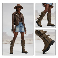 Tuhoomall Retro Chunky Knee-High Boots For Women, Comfortable Round Toe, Zipper Closure, Studded Design, Stylish Casual Footwear