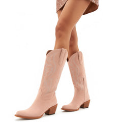 Tuhoomall Western Embroidered Pointed Toe Chunky Heel Slip-On Mid Calf Boots for Women, Retro Casual Style, Perfect for Weddings and Everyday Wear