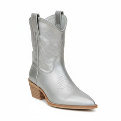 Tuhoomall Metallic Cowboy Ankle Boot with Chunky Block Heel, Pointed Toe, Embroidered Design for Casual Fashion Use, Vegan Leather, All Seasons