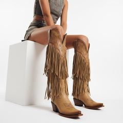 Tuhoomall Western Knee-High Cowboy Boots, Chunky Heel, Fringe & Studs, Retro Style, Casual Wear, All Seasons