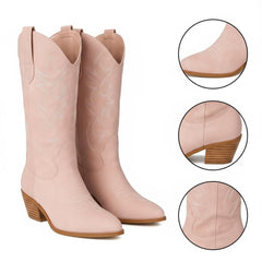 Tuhoomall Western Chunky Heel Women's Cowboy Boots, Comfortable Slip-On, Retro Embroidered Design, Non-Slip Sole for Travel and Casual Wear
