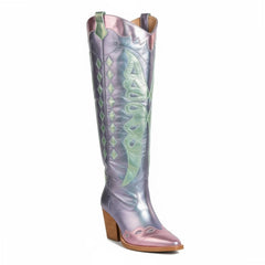 Tuhoomall Western Cowgirl Mid Calf Boots with Snip-Toe and Chunky Heel for Fashion Parties and Performances, Animal Pattern, Metallic Bright Surface