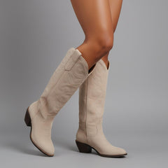 Tuhoomall Western Style Knee-High Boots with Embroidery, Casual Faux Suede, 5cm Chunky Heel, Perfect for All Seasons and Everyday Wear