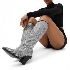 Tuhoomall Shiny Rhinestone Knee-High Boots for Parties and Performances, Stylish Pointed Toe Design, 9cm Chunky Heel, All-Season Wear