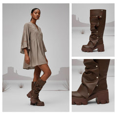 Tuhoomall Gothic Knee-High Boots for Women, Comfortable Chunky Heel, Stylish Slip-On Design for Casual Street Outings