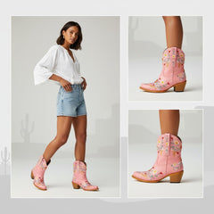 Tuhoomall Stylish Western Ankle Boots with Floral Embroidery, Rubber Sole, Chunky 5cm Heel for Classic and Casual Looks