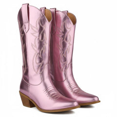 Tuhoomall Western Chunky Heel Women's Cowboy Boots, Comfortable Slip-On, Retro Embroidered Design, Non-Slip Sole for Travel and Casual Wear